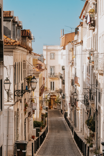 looking down a street in historic Chiado, one of the best neighbourhoods to visit for 48 hours in Lisbon