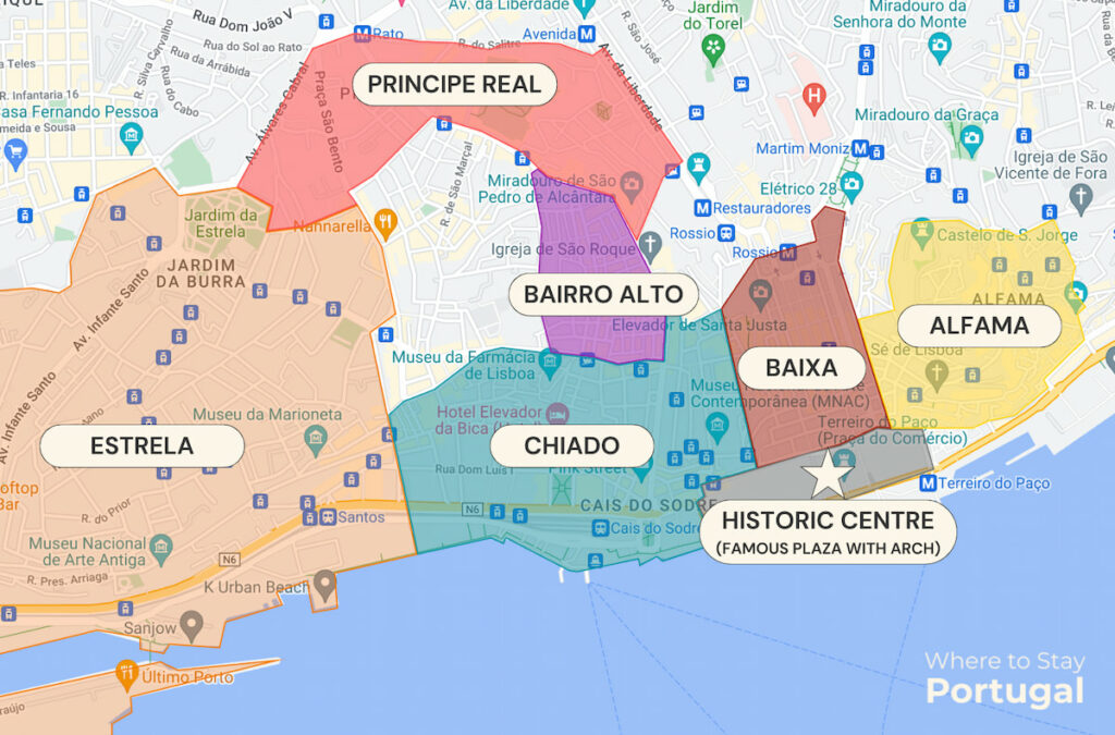 Map of the neighbourhoods in Lisbon Portugal