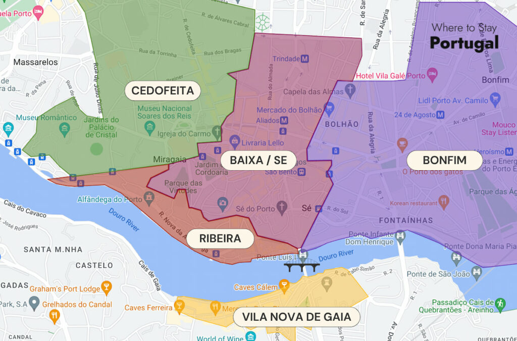 Map of Porto Neighbourhoods and where to stay in Porto Portugal