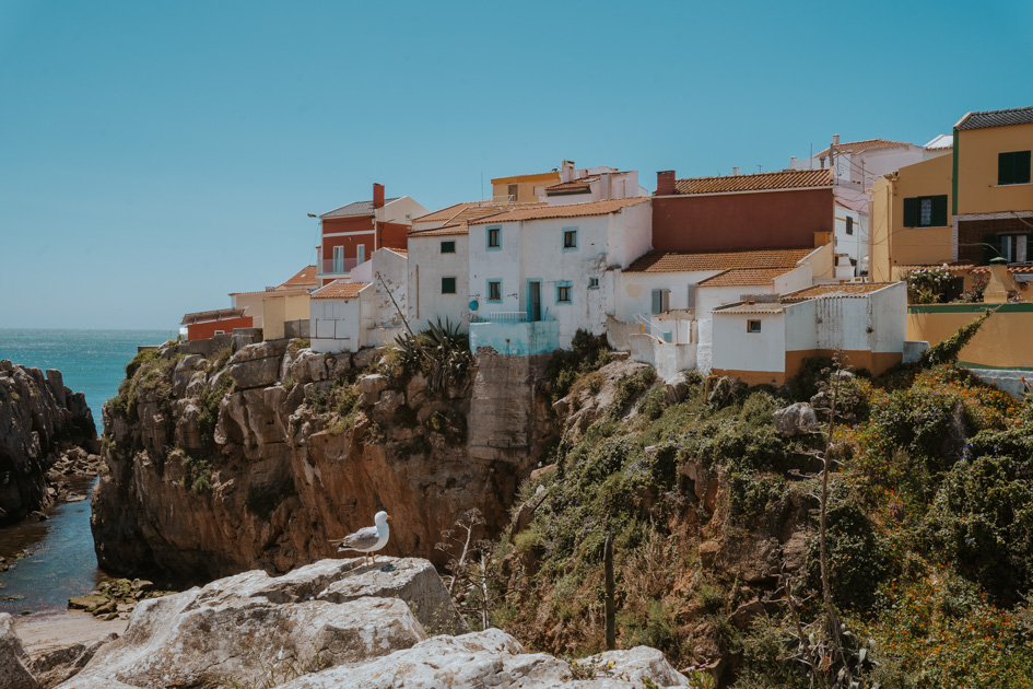 colourful homes sit on the top of a green rugged cliff with ocean and blue sky in the distance in Peniche Portugal Silver Coast